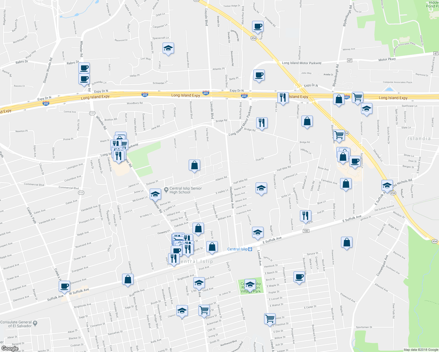 map of restaurants, bars, coffee shops, grocery stores, and more near 71 Adams Road in Central Islip