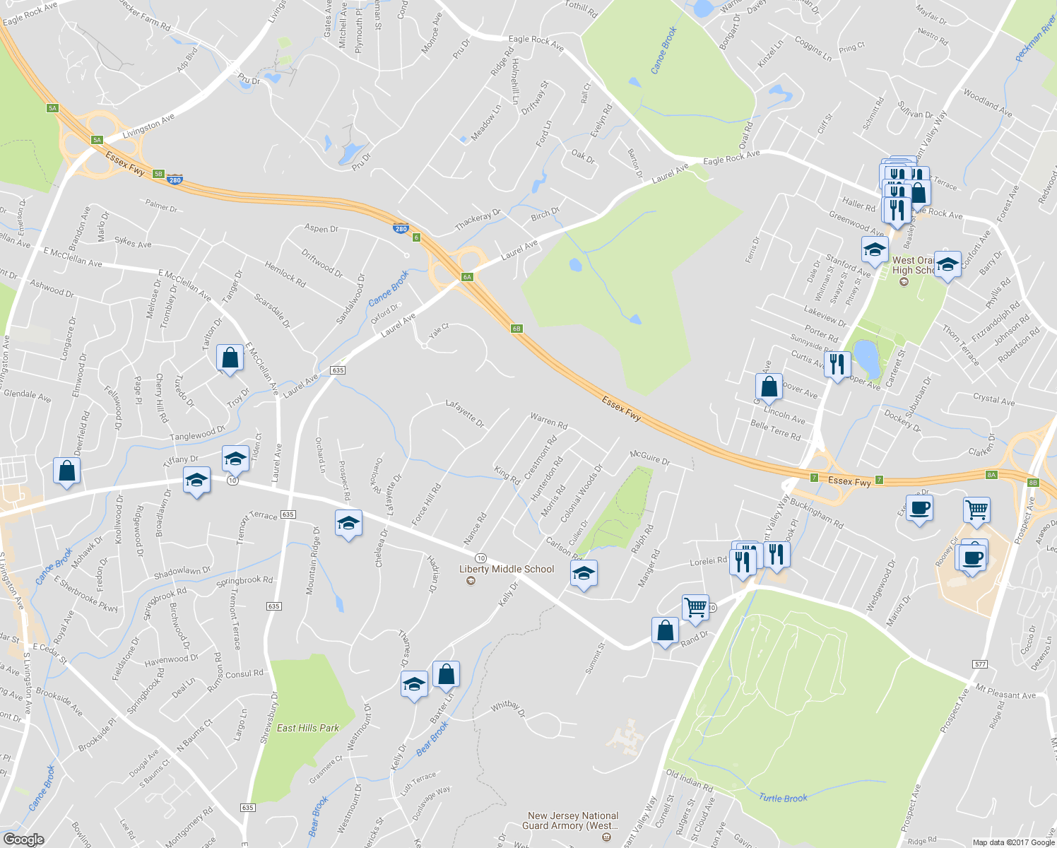 map of restaurants, bars, coffee shops, grocery stores, and more near 65 Warren Road in West Orange