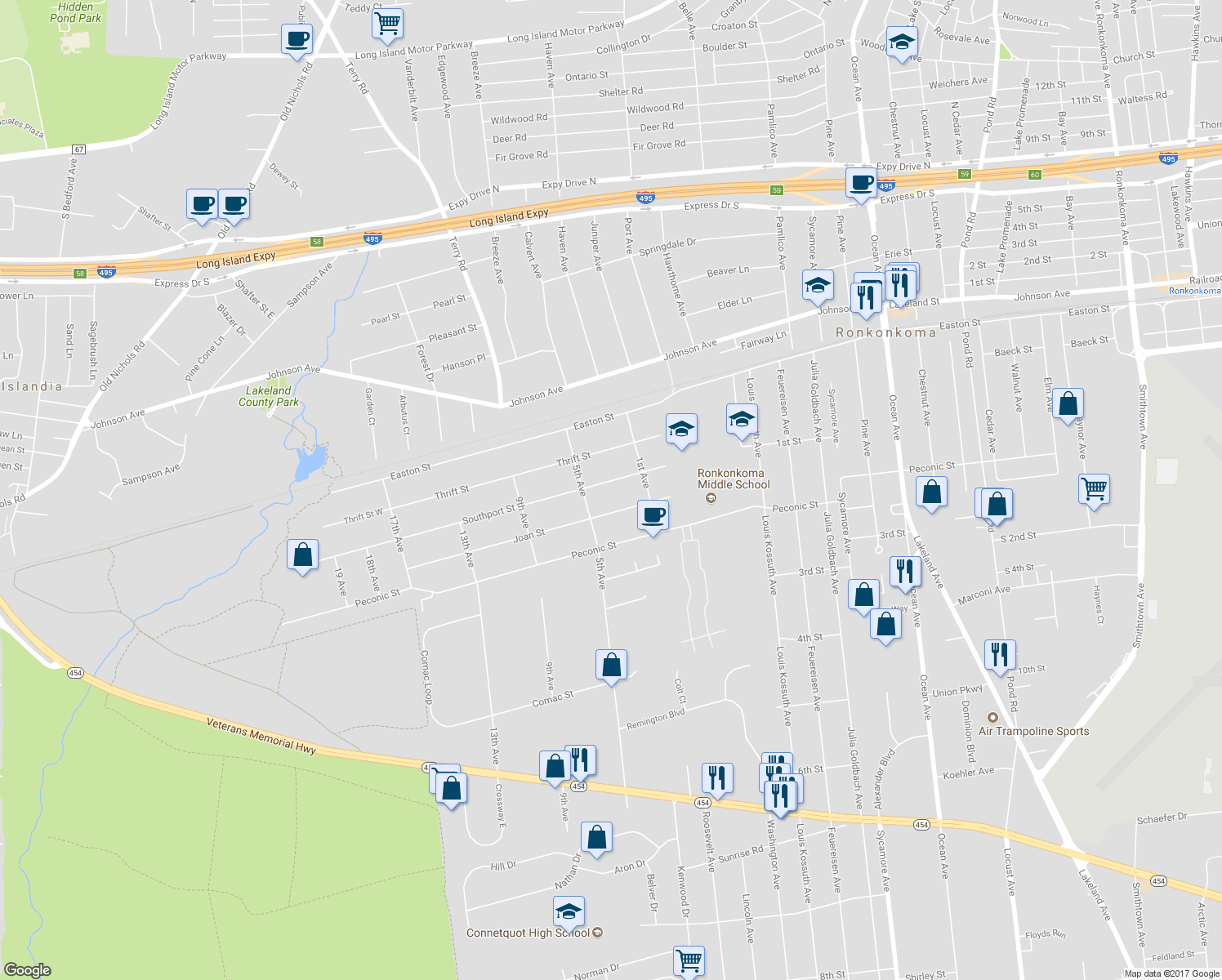 map of restaurants, bars, coffee shops, grocery stores, and more near 464 Southport Street in Ronkonkoma