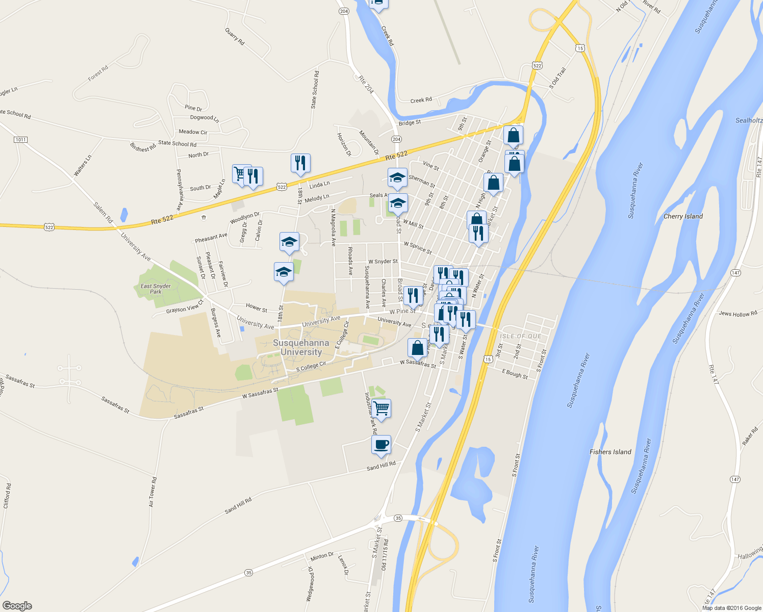 map of restaurants, bars, coffee shops, grocery stores, and more near 12 Charles Ave in Selinsgrove