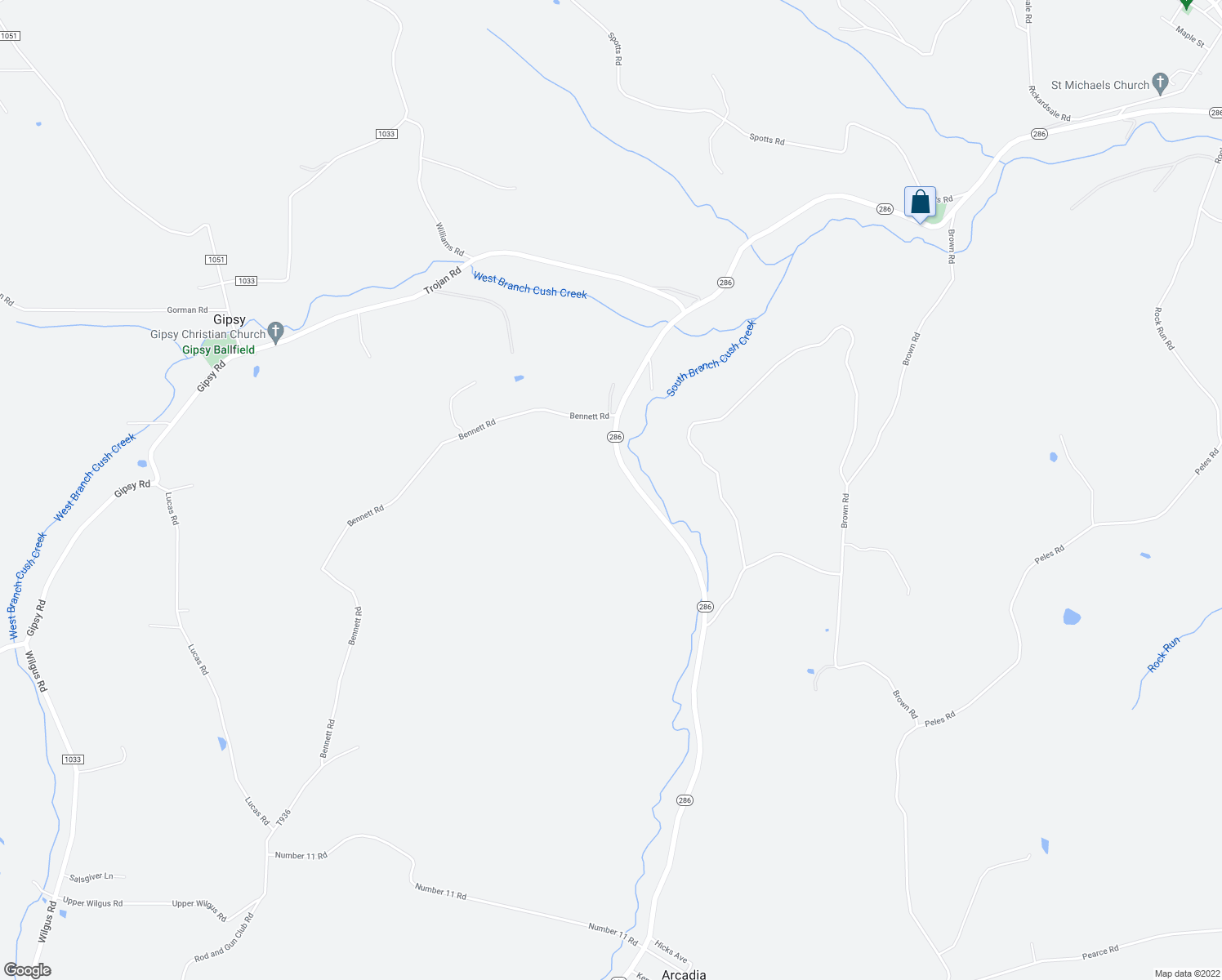 map of restaurants, bars, coffee shops, grocery stores, and more near 23335 Pennsylvania 286 in Glen Campbell