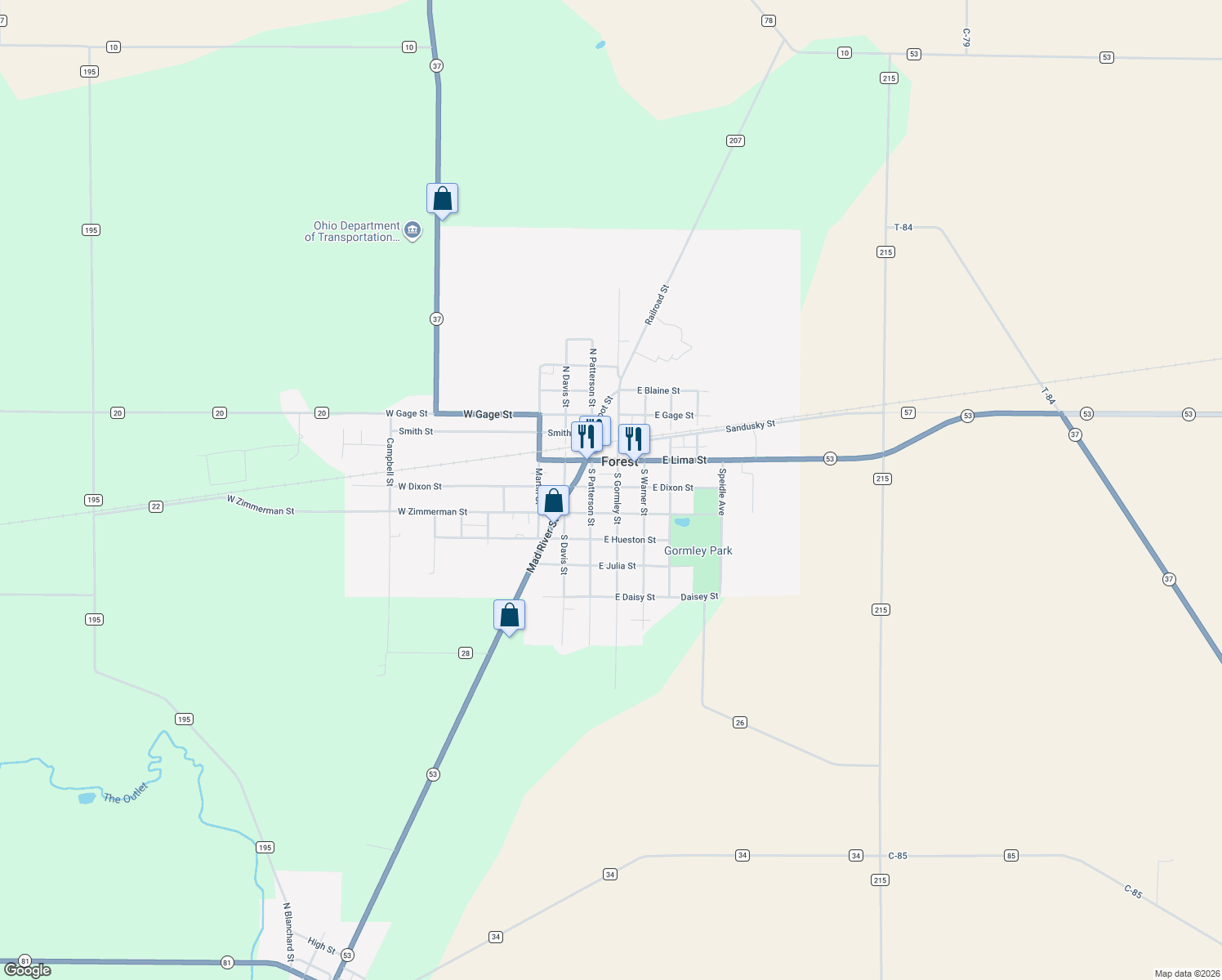 map of restaurants, bars, coffee shops, grocery stores, and more near 111 East Dixon Street in Forest