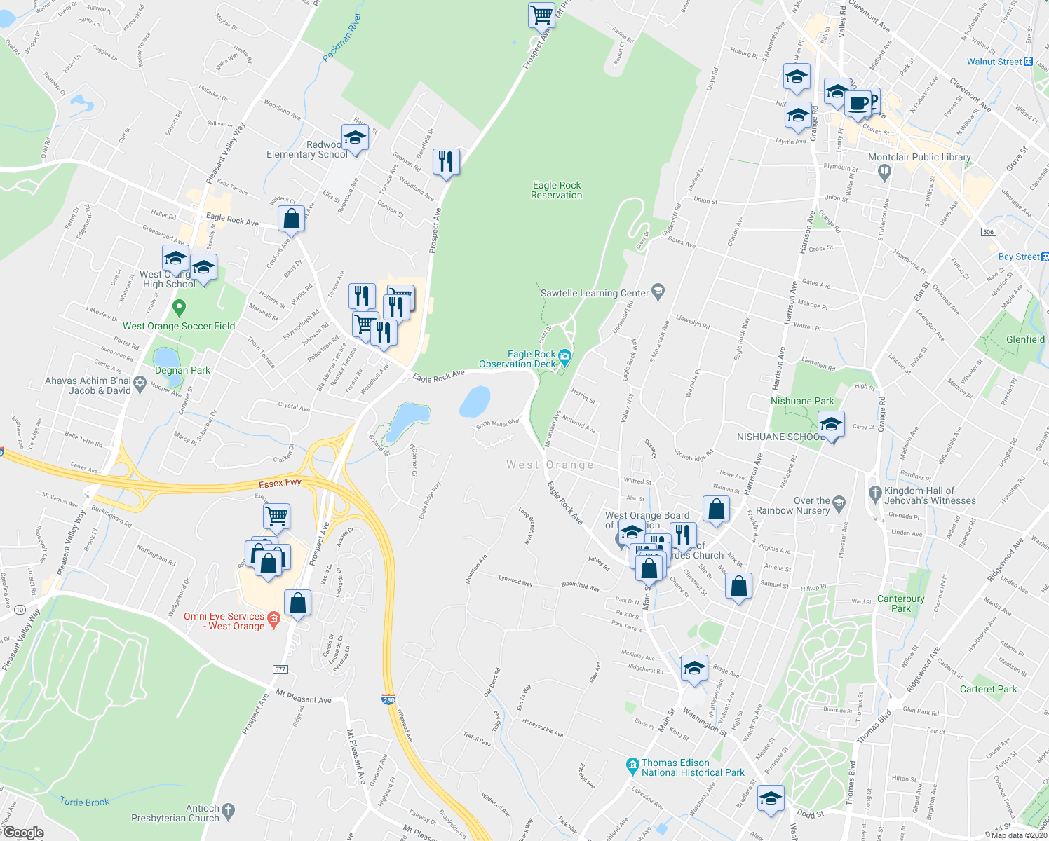 map of restaurants, bars, coffee shops, grocery stores, and more near 1098 Smith Manor Boulevard in West Orange