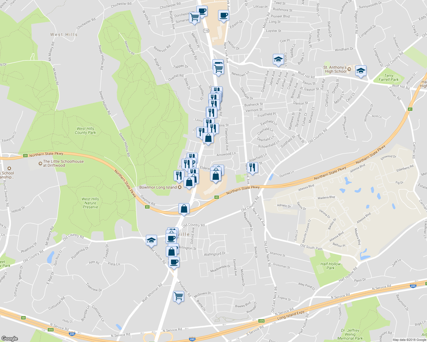 map of restaurants, bars, coffee shops, grocery stores, and more near 18 Elderwood Lane in Melville