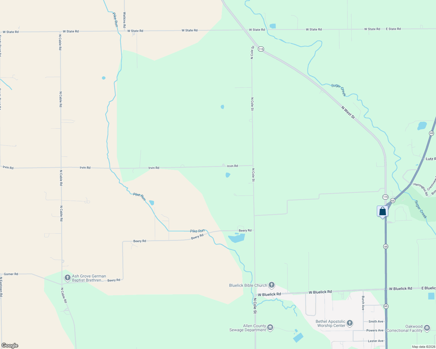 map of restaurants, bars, coffee shops, grocery stores, and more near 1595 Irvin Road in Elida