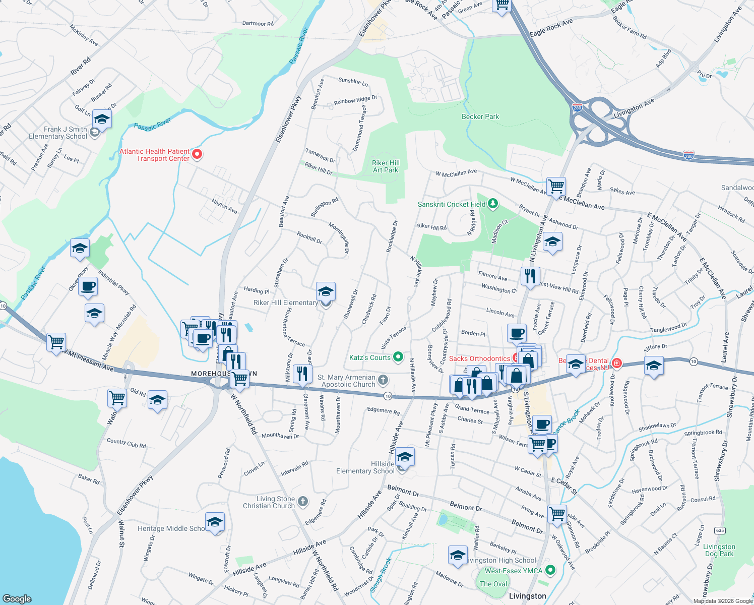 map of restaurants, bars, coffee shops, grocery stores, and more near 12 Chadwick Rd in Livingston
