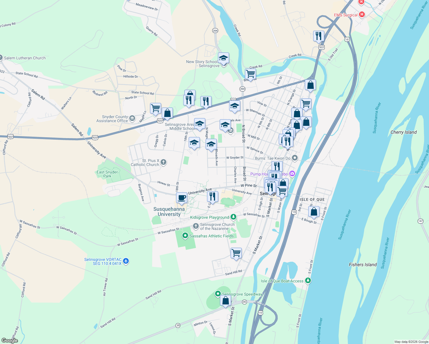 map of restaurants, bars, coffee shops, grocery stores, and more near 102 Rhoads Avenue in Selinsgrove