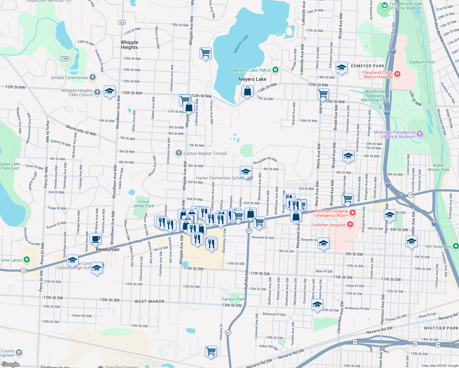 map of restaurants, bars, coffee shops, grocery stores, and more near 303 Aultman Avenue Northwest in Canton