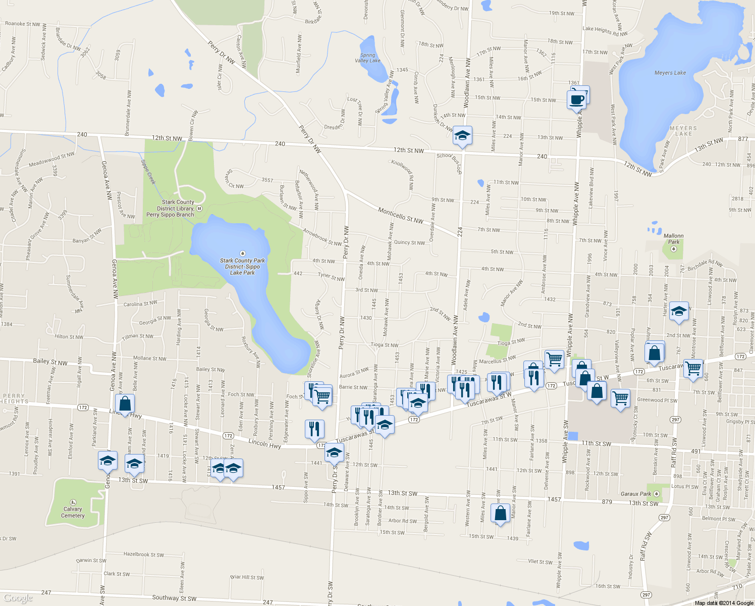map of restaurants, bars, coffee shops, grocery stores, and more near 234 Saratoga Ave NW in Canton