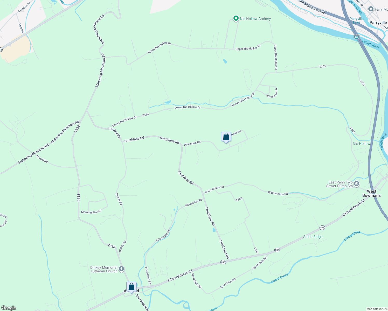 map of restaurants, bars, coffee shops, grocery stores, and more near 92 Sassafras Rd in Lehighton