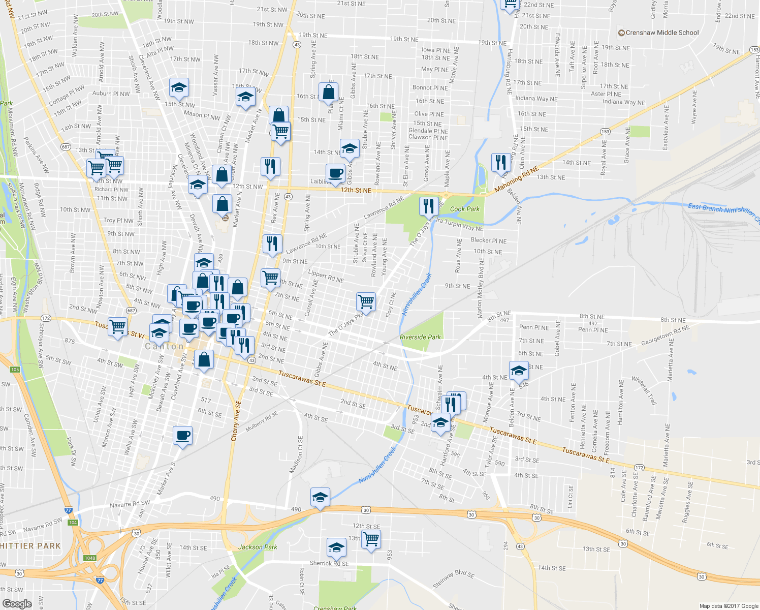 map of restaurants, bars, coffee shops, grocery stores, and more near 731 Young Avenue Northeast in Canton