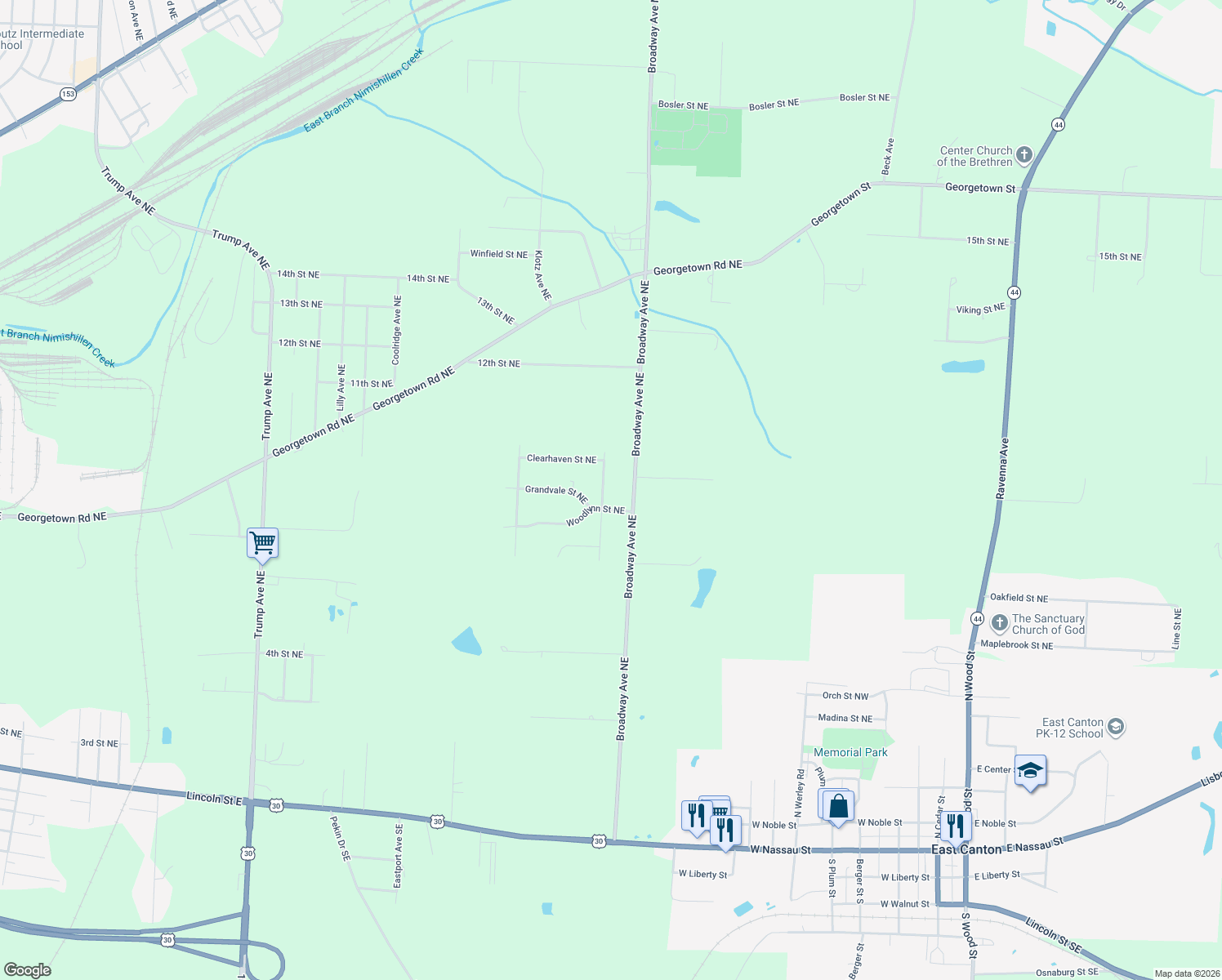 map of restaurants, bars, coffee shops, grocery stores, and more near 1932 Fairbrook Avenue Northeast in East Canton