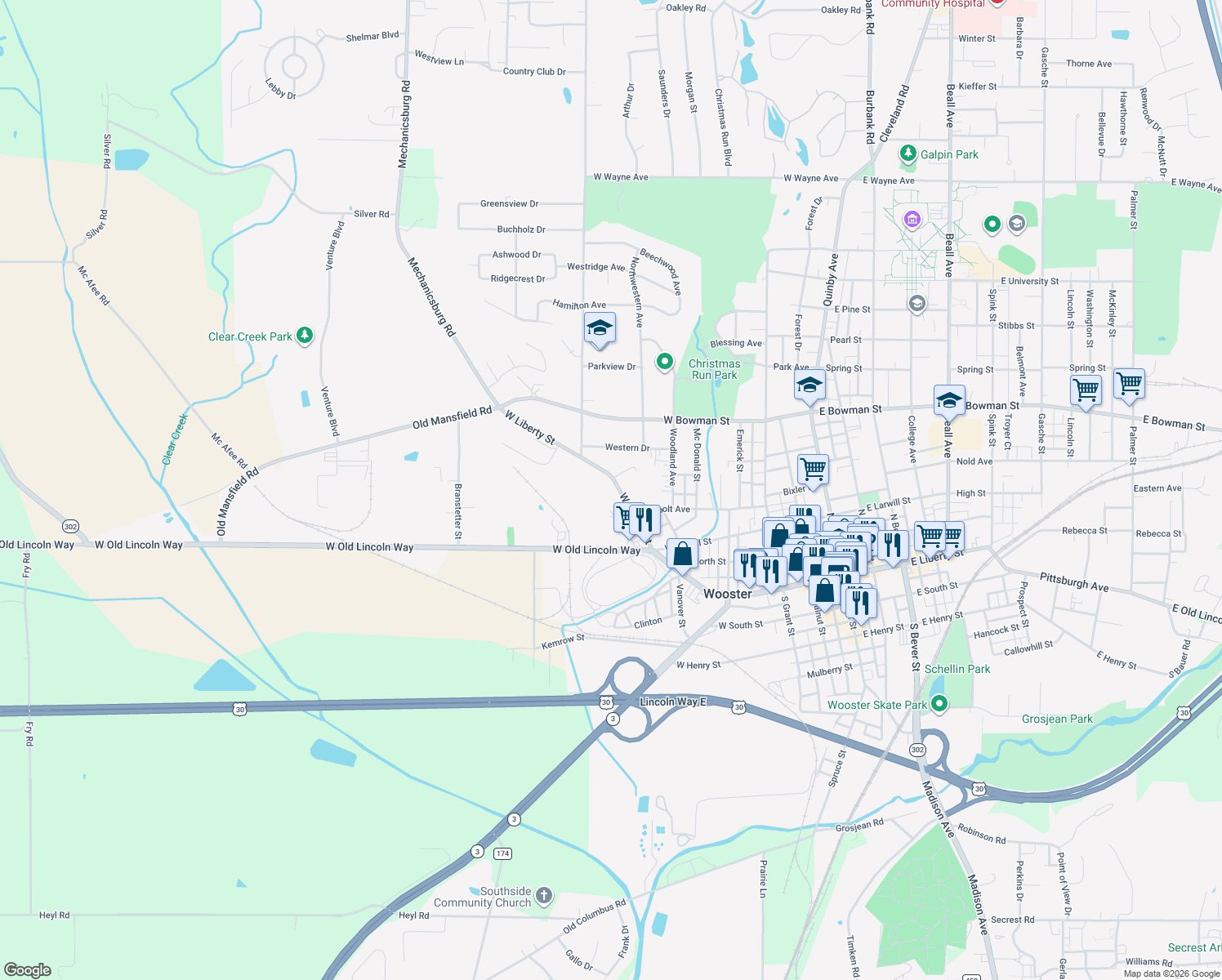 map of restaurants, bars, coffee shops, grocery stores, and more near 876 West Liberty Street in Wooster