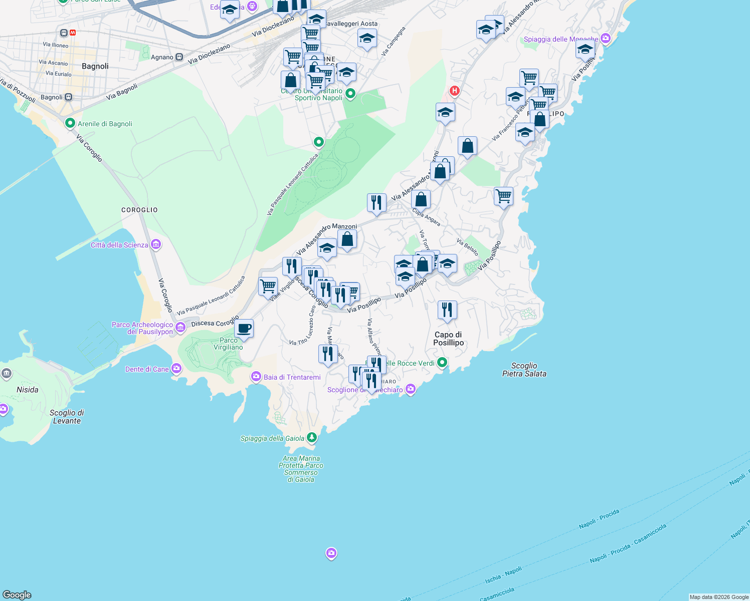 map of restaurants, bars, coffee shops, grocery stores, and more near 6 Via S. Strato in Naples