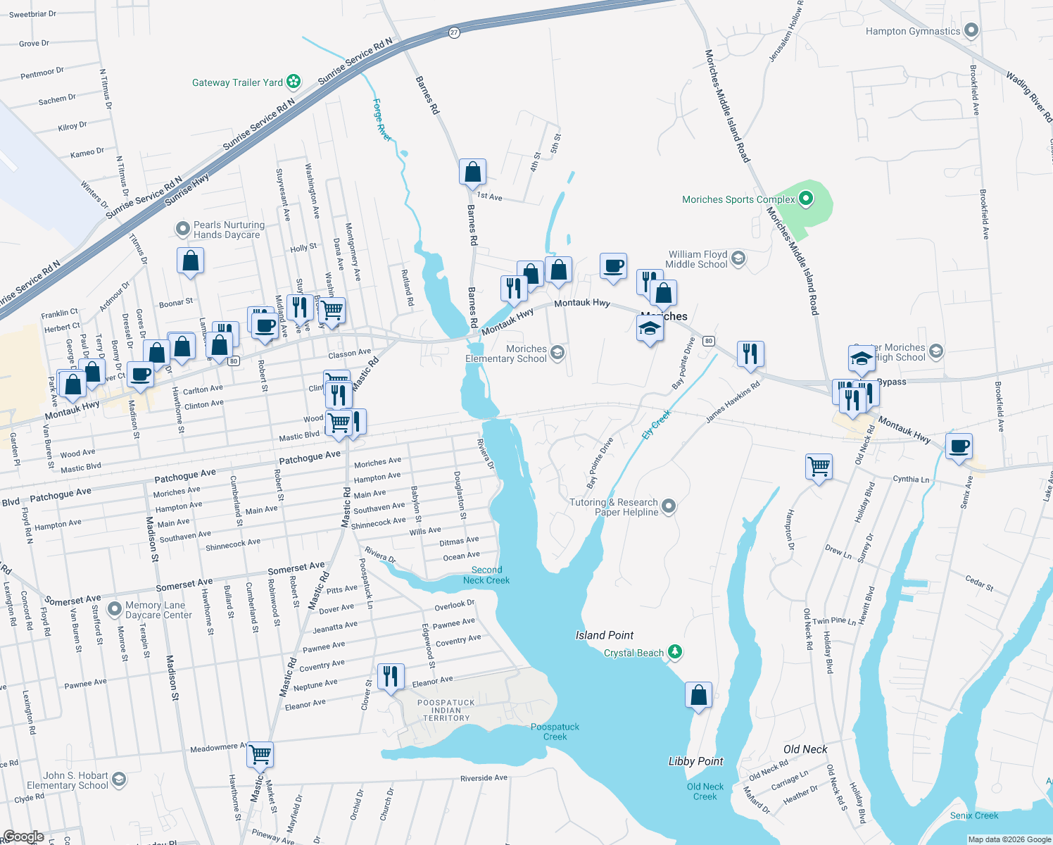 map of restaurants, bars, coffee shops, grocery stores, and more near 390 West Shore Court in Moriches