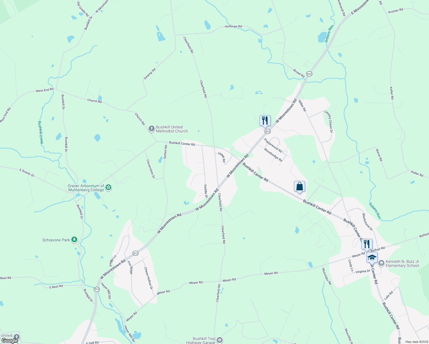 map of restaurants, bars, coffee shops, grocery stores, and more near 1223 Clearfield Road in Nazareth