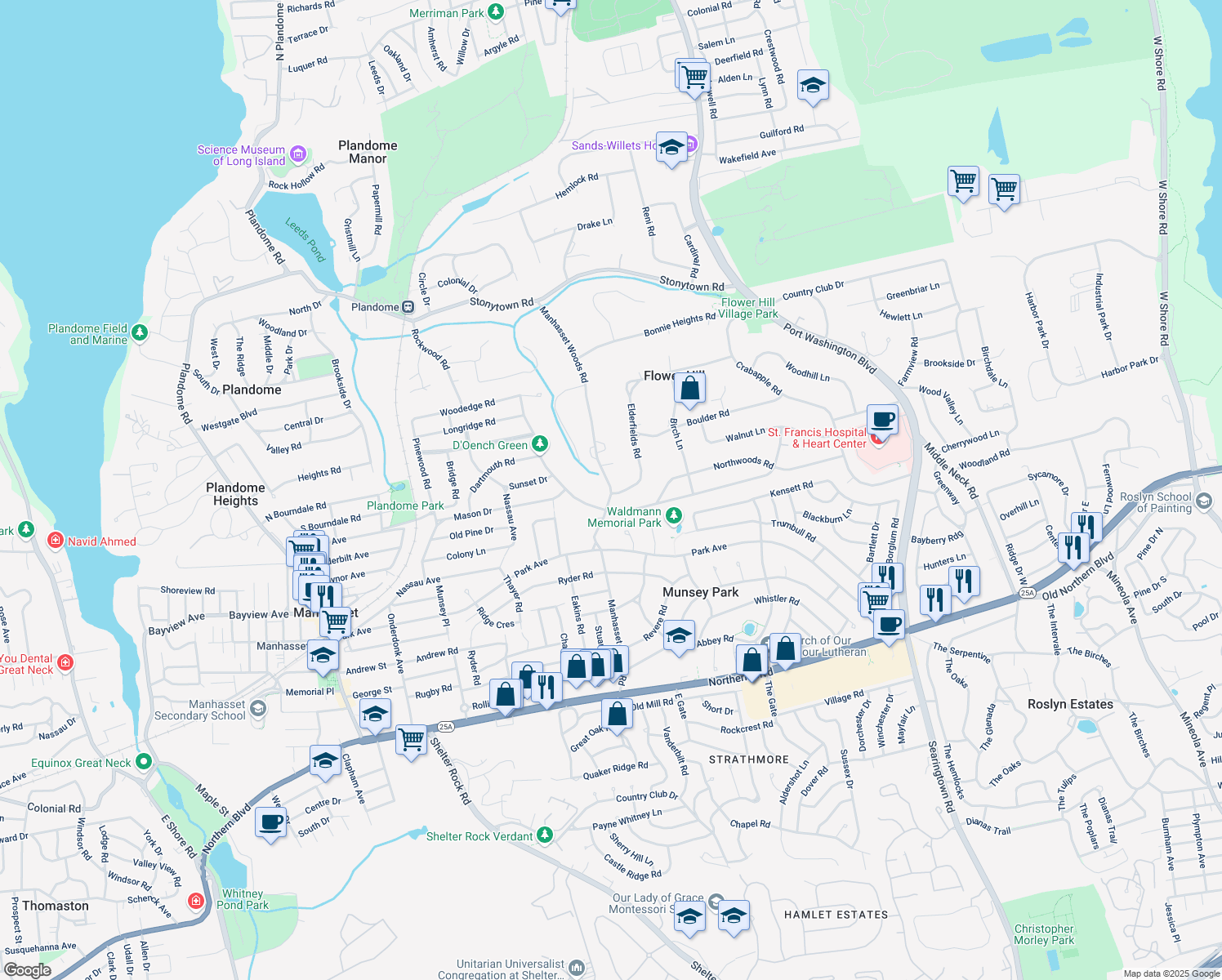 map of restaurants, bars, coffee shops, grocery stores, and more near 1 Elderfields Road in Manhasset
