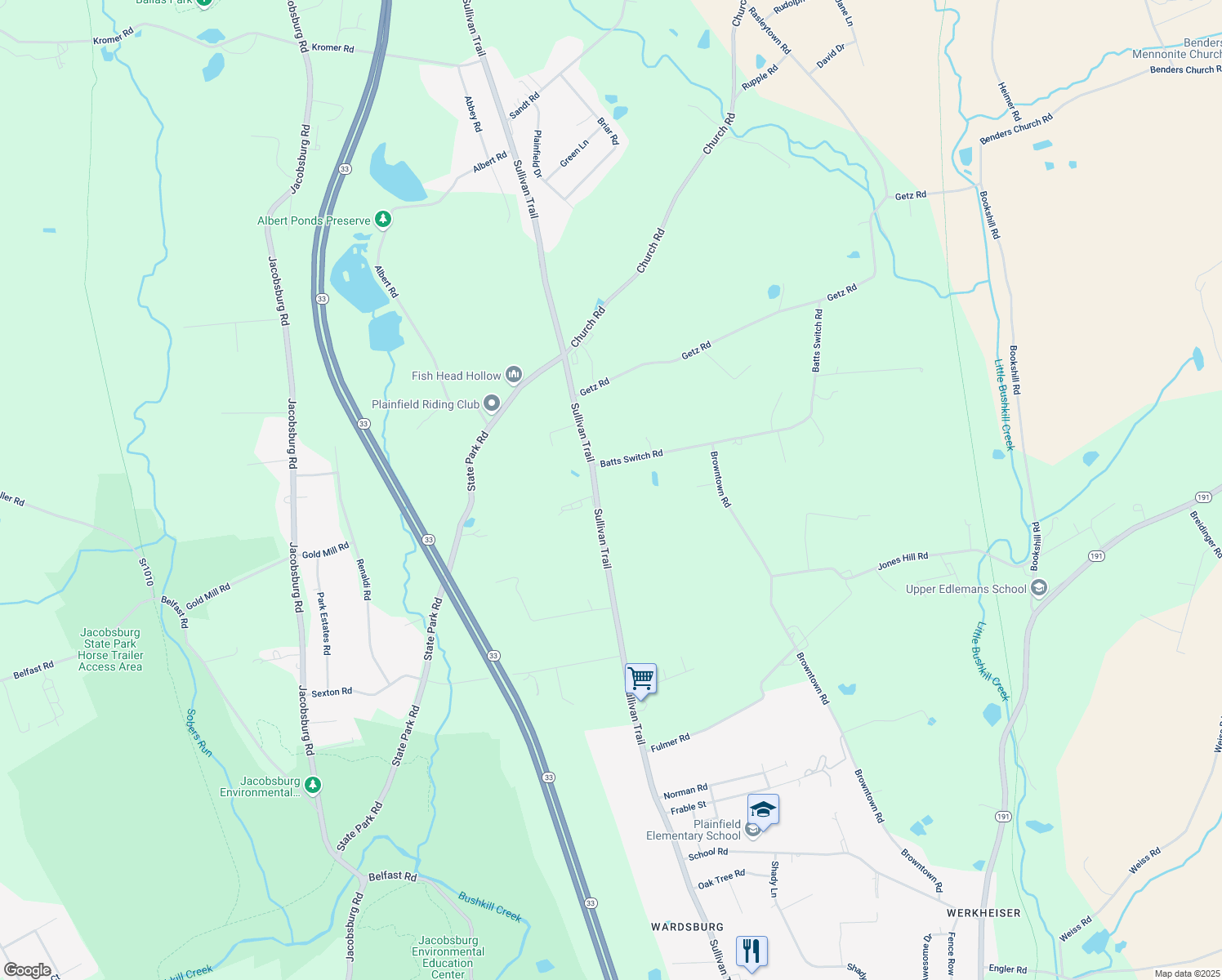 map of restaurants, bars, coffee shops, grocery stores, and more near 6218 Sullivan Trail in Nazareth