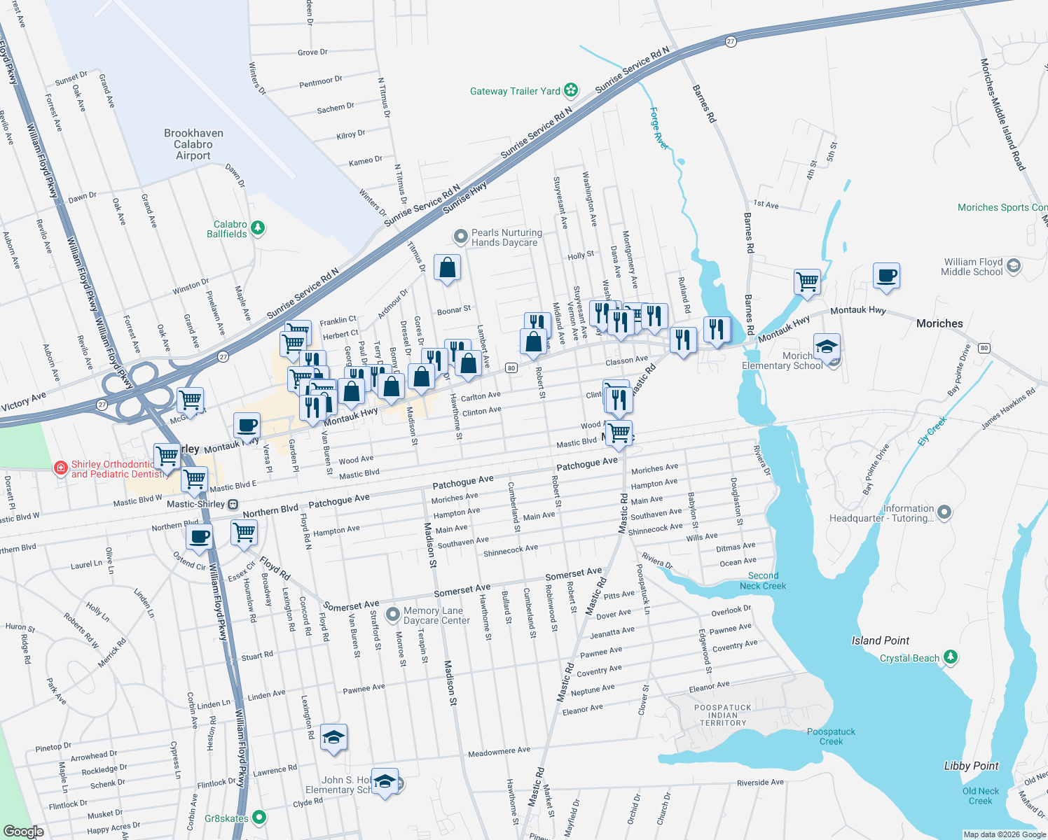 map of restaurants, bars, coffee shops, grocery stores, and more near 169 Bedford Ave in Mastic