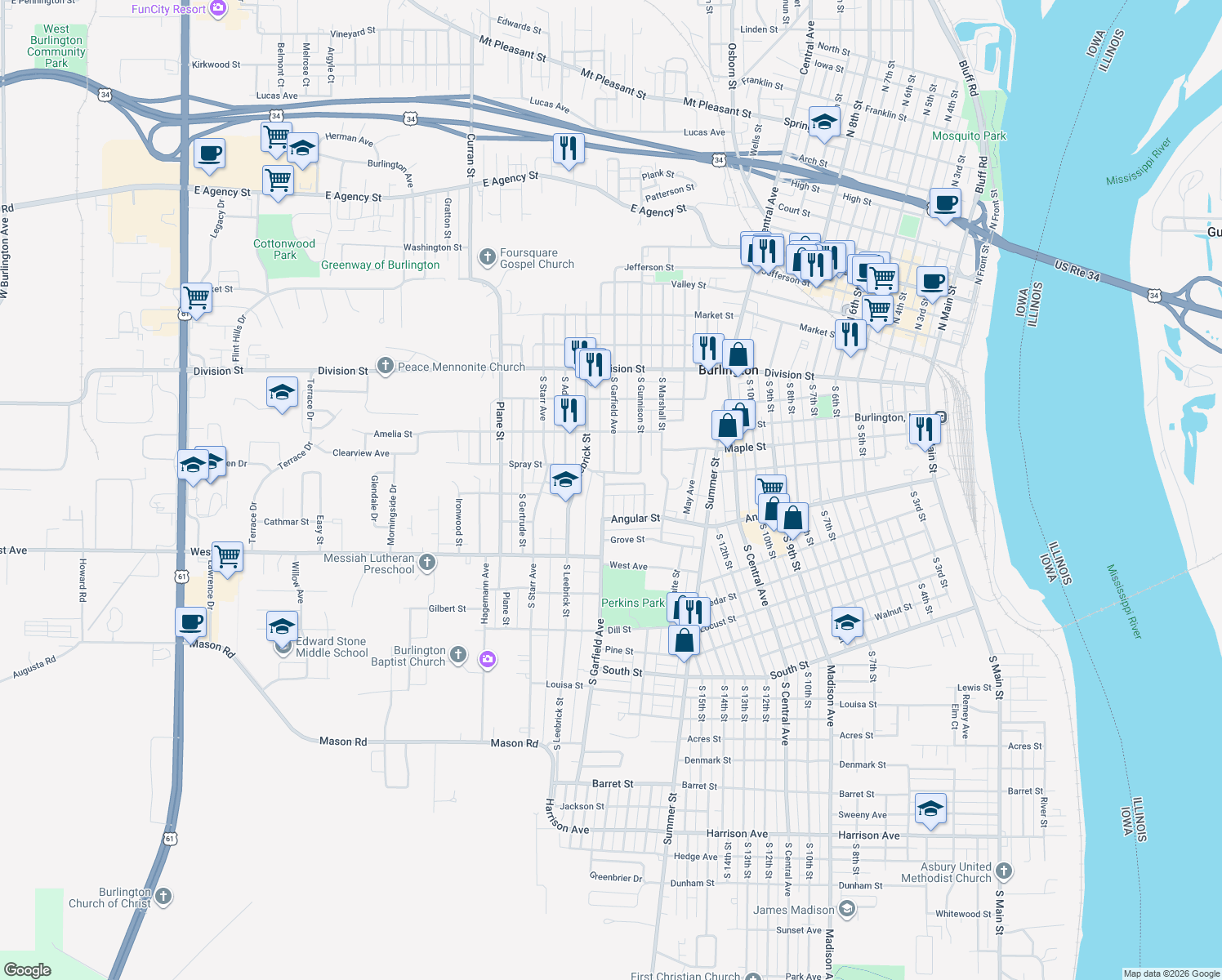 map of restaurants, bars, coffee shops, grocery stores, and more near 1451 Cleveland Avenue in Burlington
