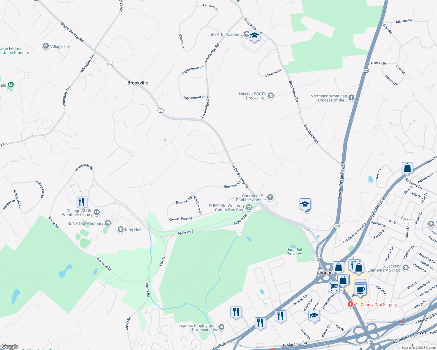 map of restaurants, bars, coffee shops, grocery stores, and more near 3 Norden Drive in Glen Head