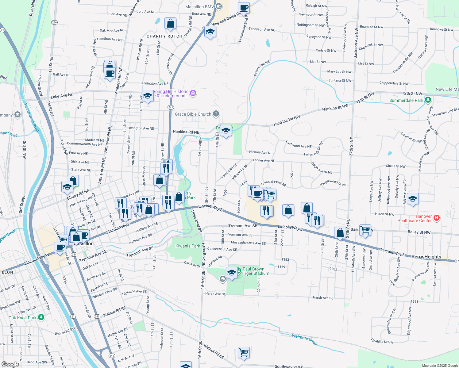 map of restaurants, bars, coffee shops, grocery stores, and more near 713 1336 in Massillon