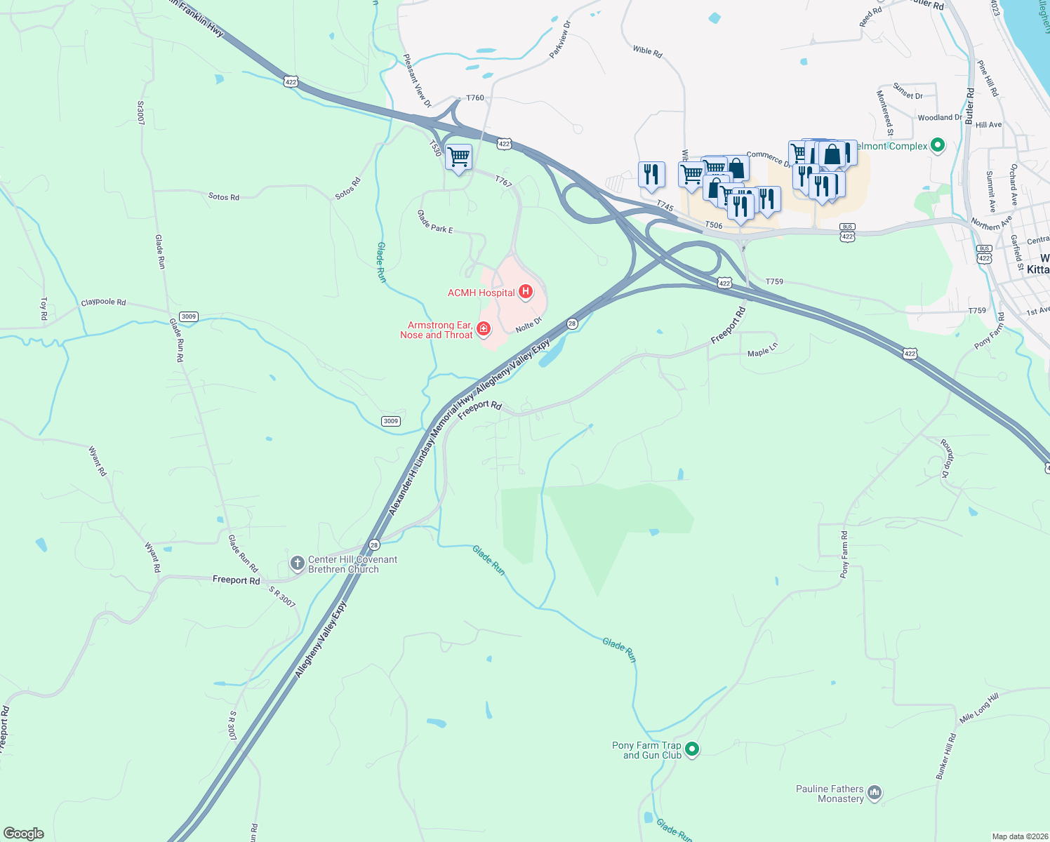 map of restaurants, bars, coffee shops, grocery stores, and more near 104 Meadow Ln in Kittanning