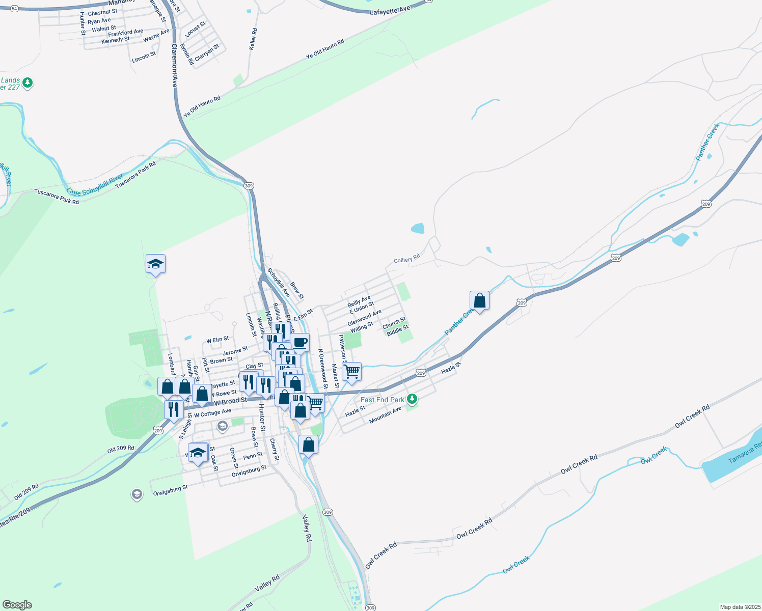 map of restaurants, bars, coffee shops, grocery stores, and more near 514 E Union St in Tamaqua