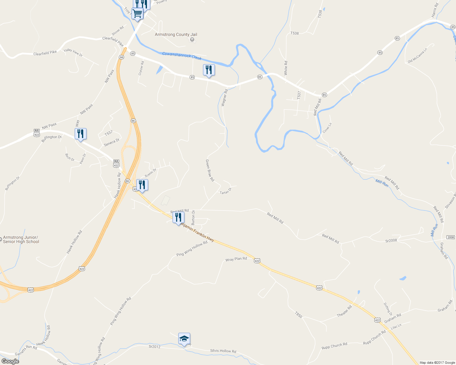 map of restaurants, bars, coffee shops, grocery stores, and more near 121 Tartan Drive in Kittanning