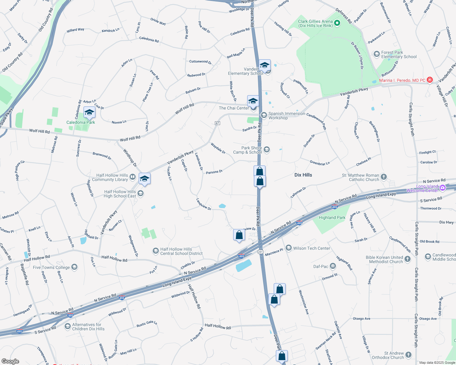 map of restaurants, bars, coffee shops, grocery stores, and more near 5 Memas Court in Dix Hills