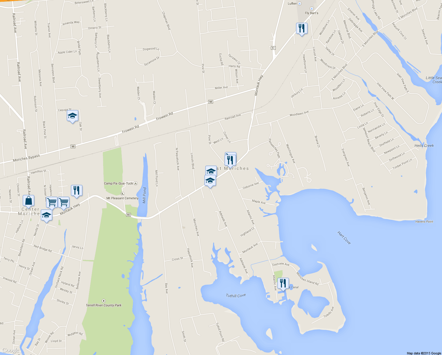 map of restaurants, bars, coffee shops, grocery stores, and more near 473-527 County Road 80 in East Moriches
