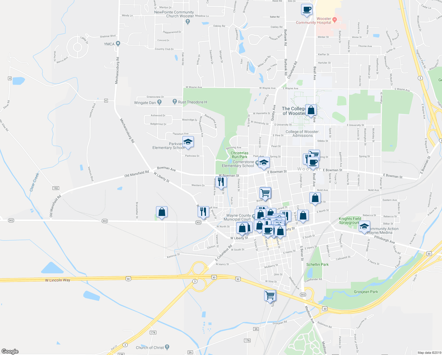 map of restaurants, bars, coffee shops, grocery stores, and more near 564 Mc Donald Street in Wooster