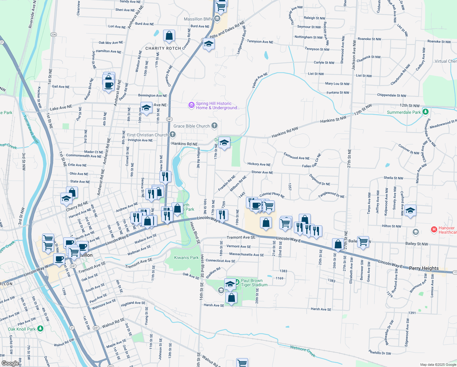 map of restaurants, bars, coffee shops, grocery stores, and more near 1804 Jefferson Road Northeast in Massillon