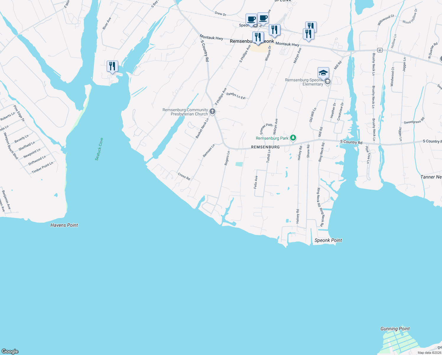 map of restaurants, bars, coffee shops, grocery stores, and more near 15 Rogers Lane in Remsenburg-Speonk
