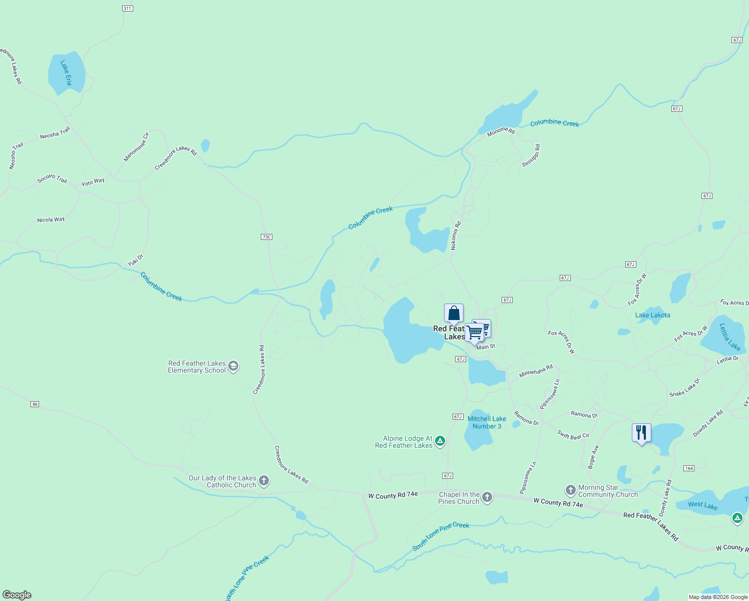 map of restaurants, bars, coffee shops, grocery stores, and more near 63 Whirlwind Lane in Red Feather Lakes