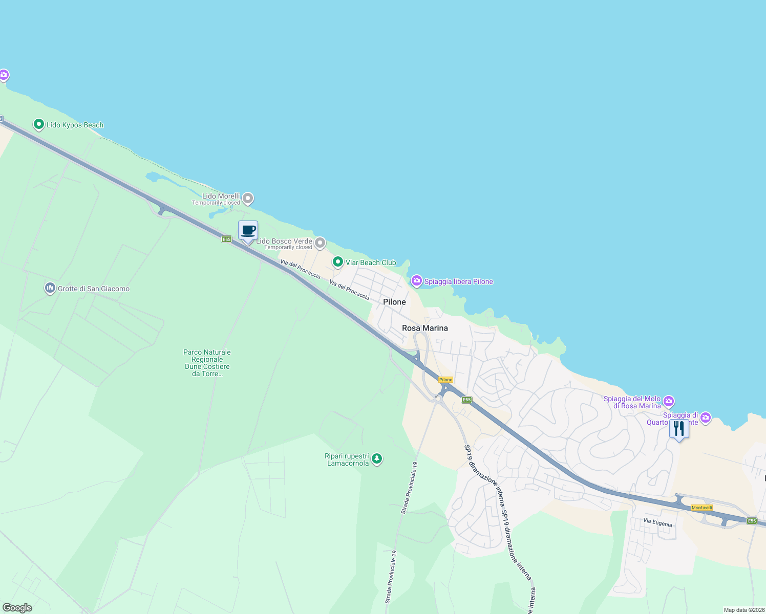 map of restaurants, bars, coffee shops, grocery stores, and more near 13 Via del Procaccia in Rosa Marina