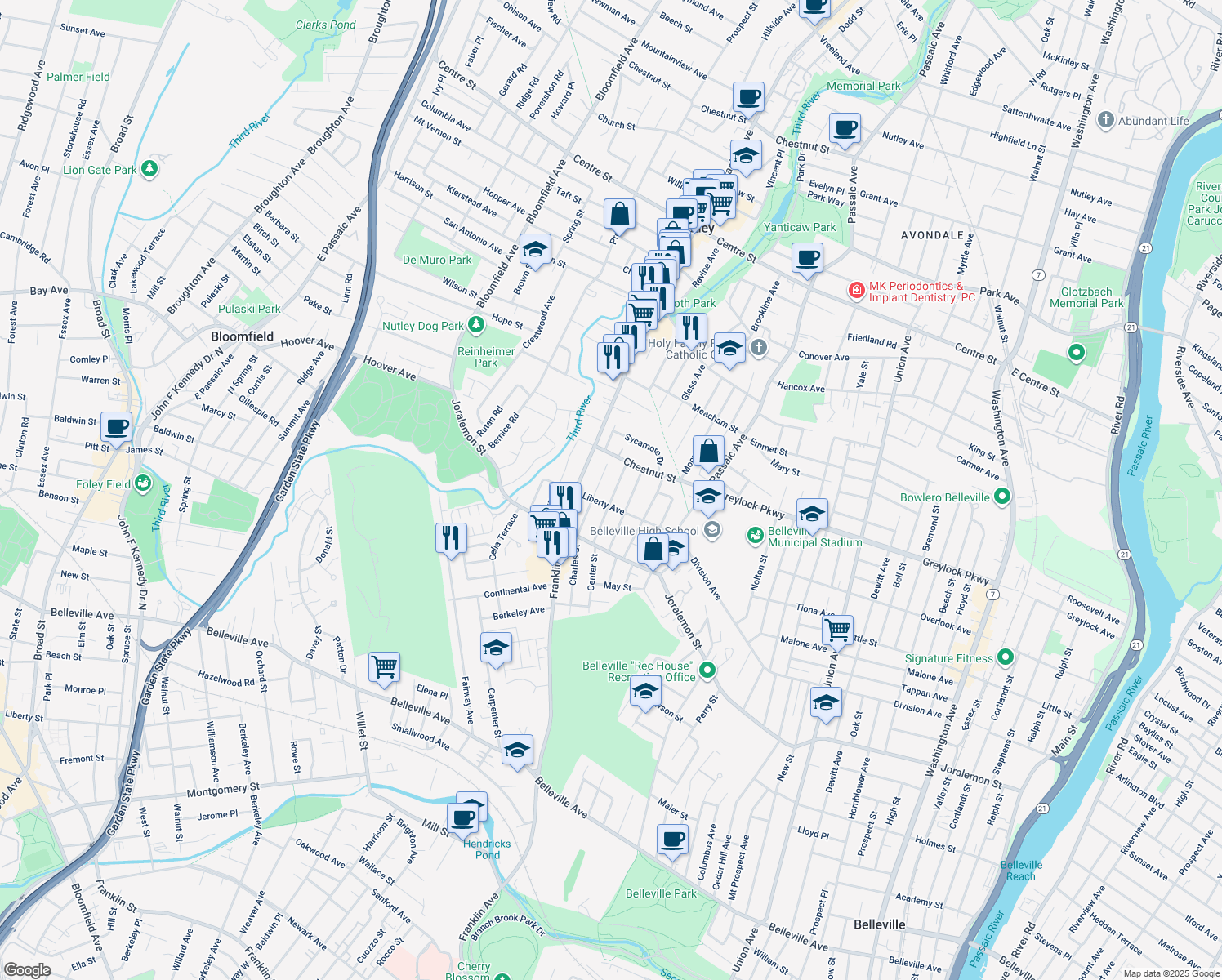 map of restaurants, bars, coffee shops, grocery stores, and more near 63 Ligham Street in Belleville