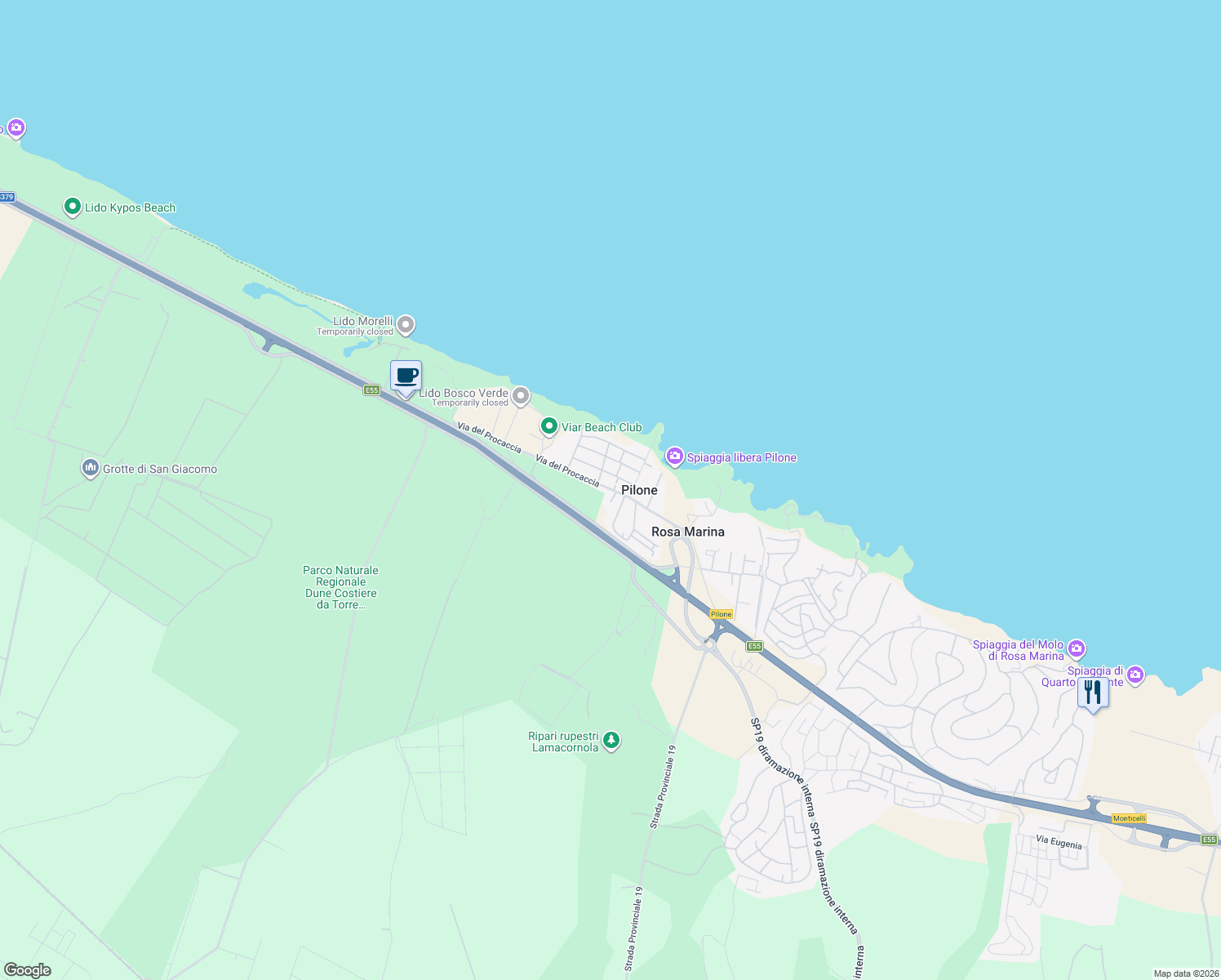 map of restaurants, bars, coffee shops, grocery stores, and more near 13 Via del Procaccia in Rosa Marina