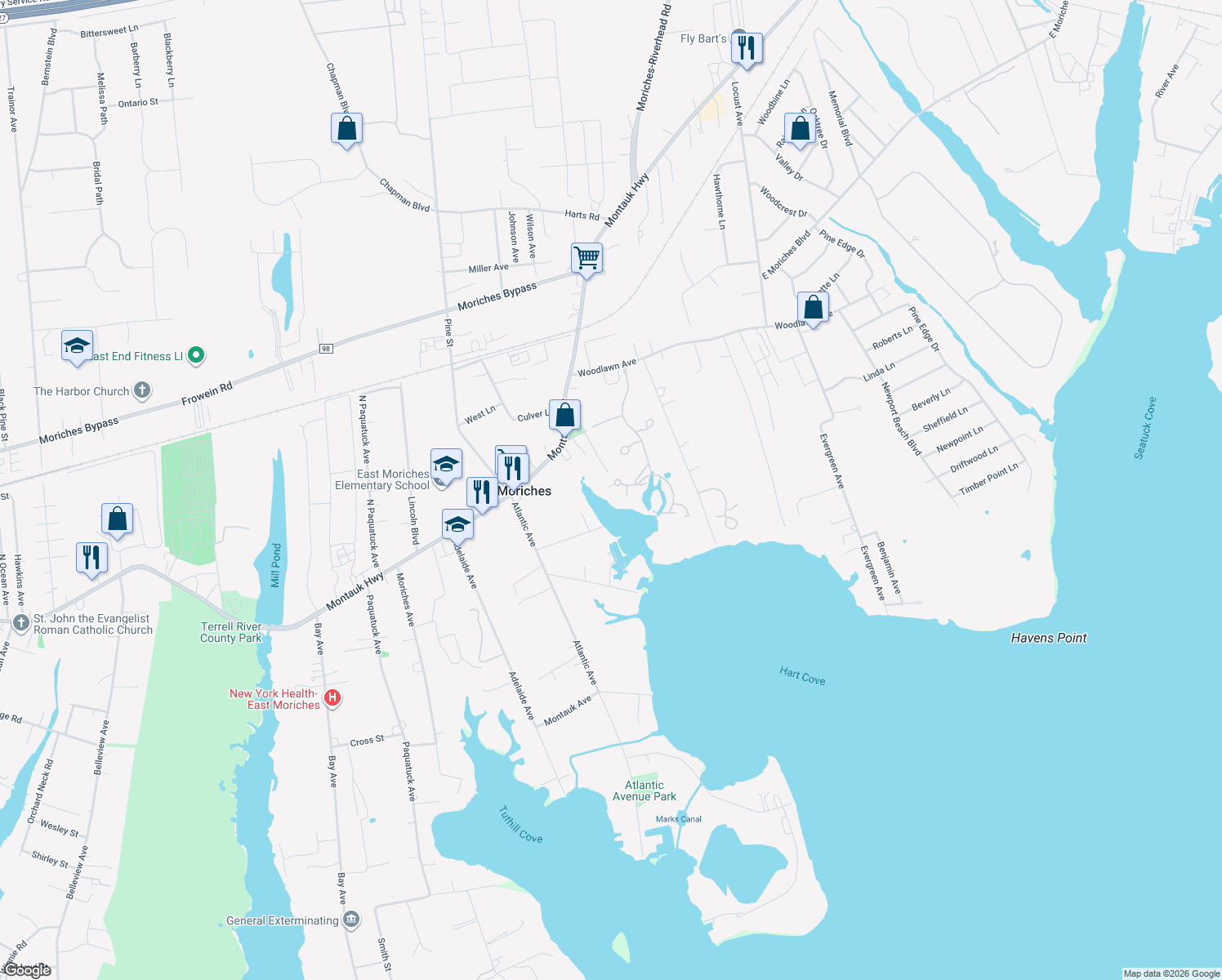 map of restaurants, bars, coffee shops, grocery stores, and more near 62 Pameeches Path in East Moriches