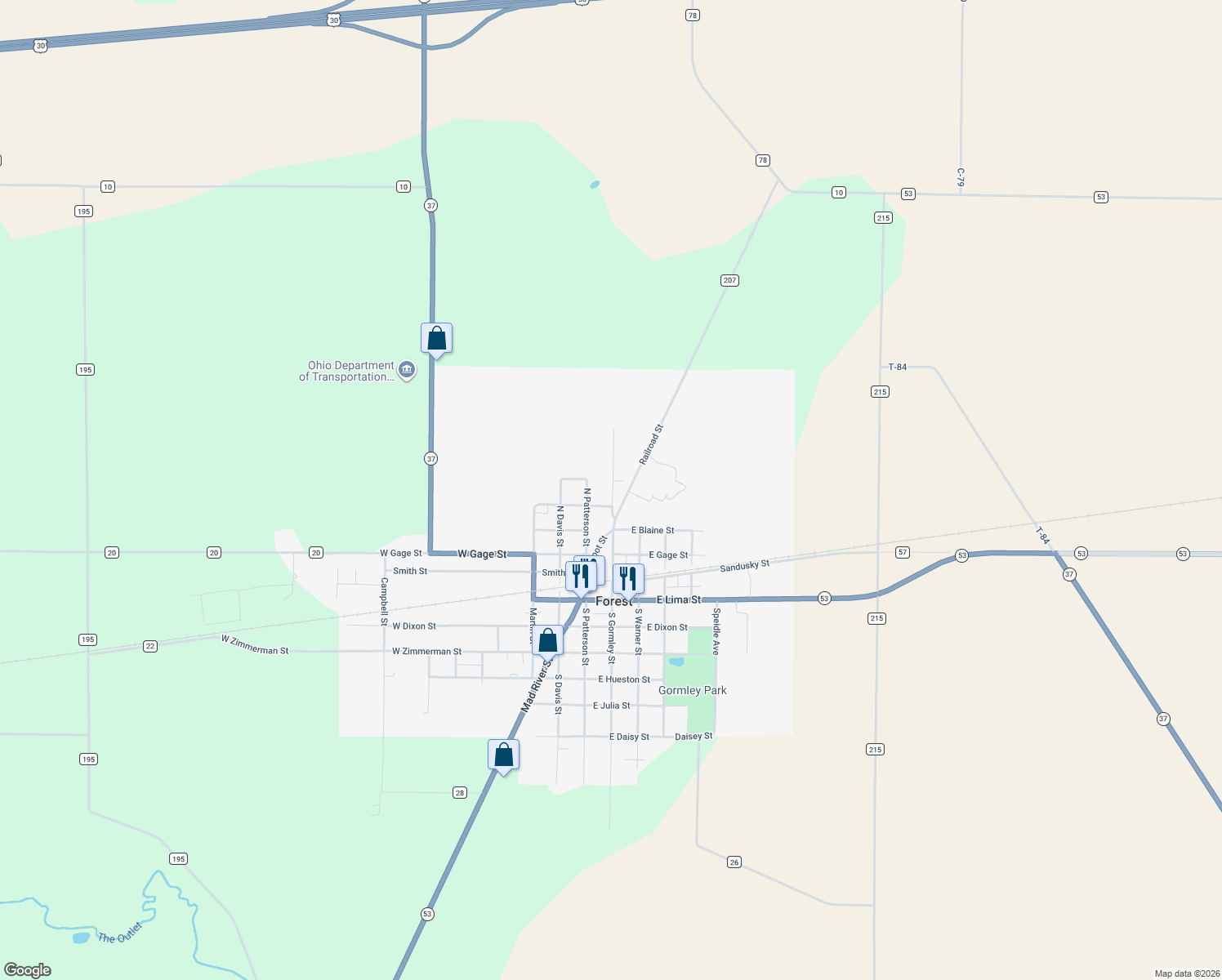 map of restaurants, bars, coffee shops, grocery stores, and more near 503 N Gormley St in Forest