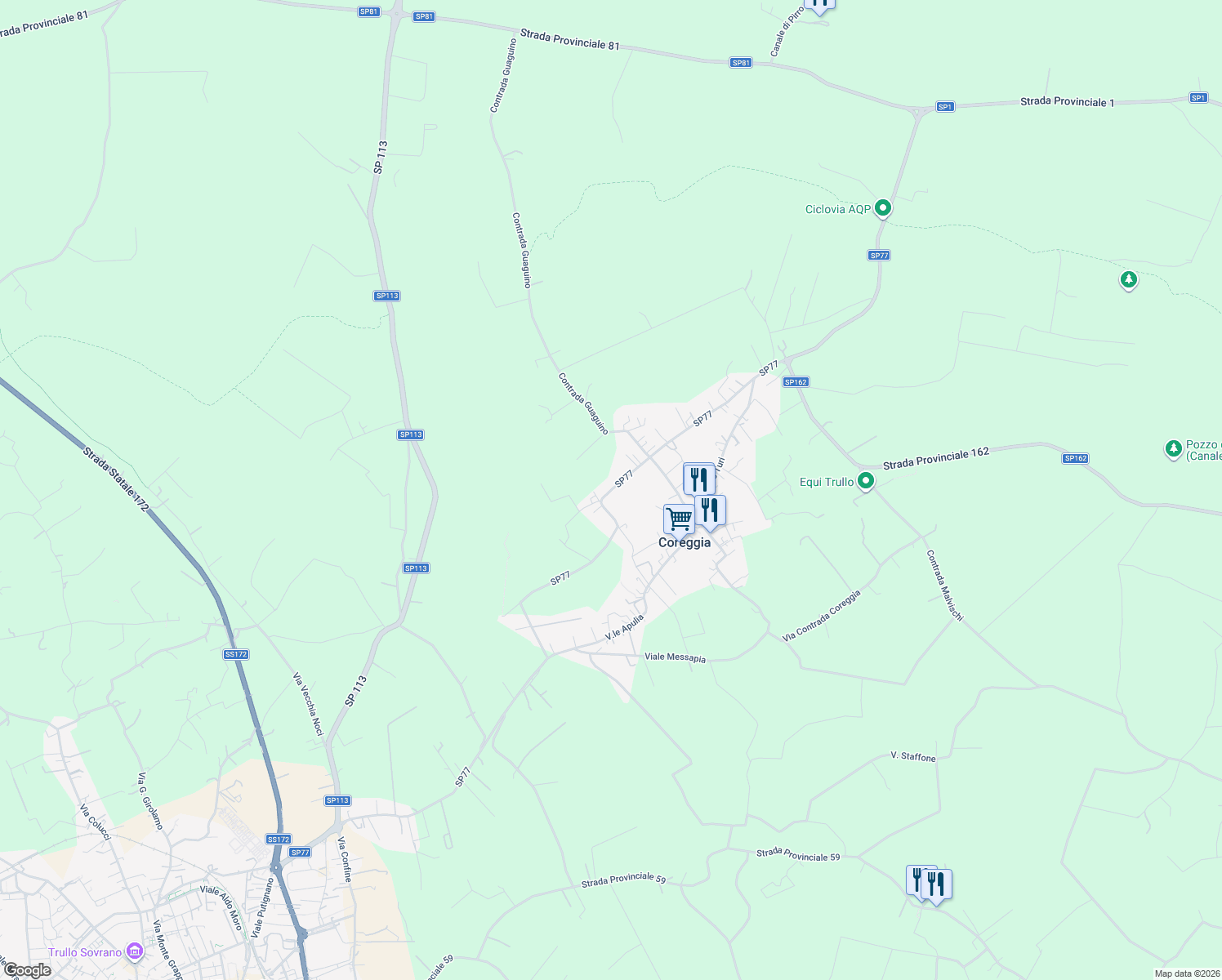 map of restaurants, bars, coffee shops, grocery stores, and more near Strada Provinciale 77 in Città Metropolitana di Bari