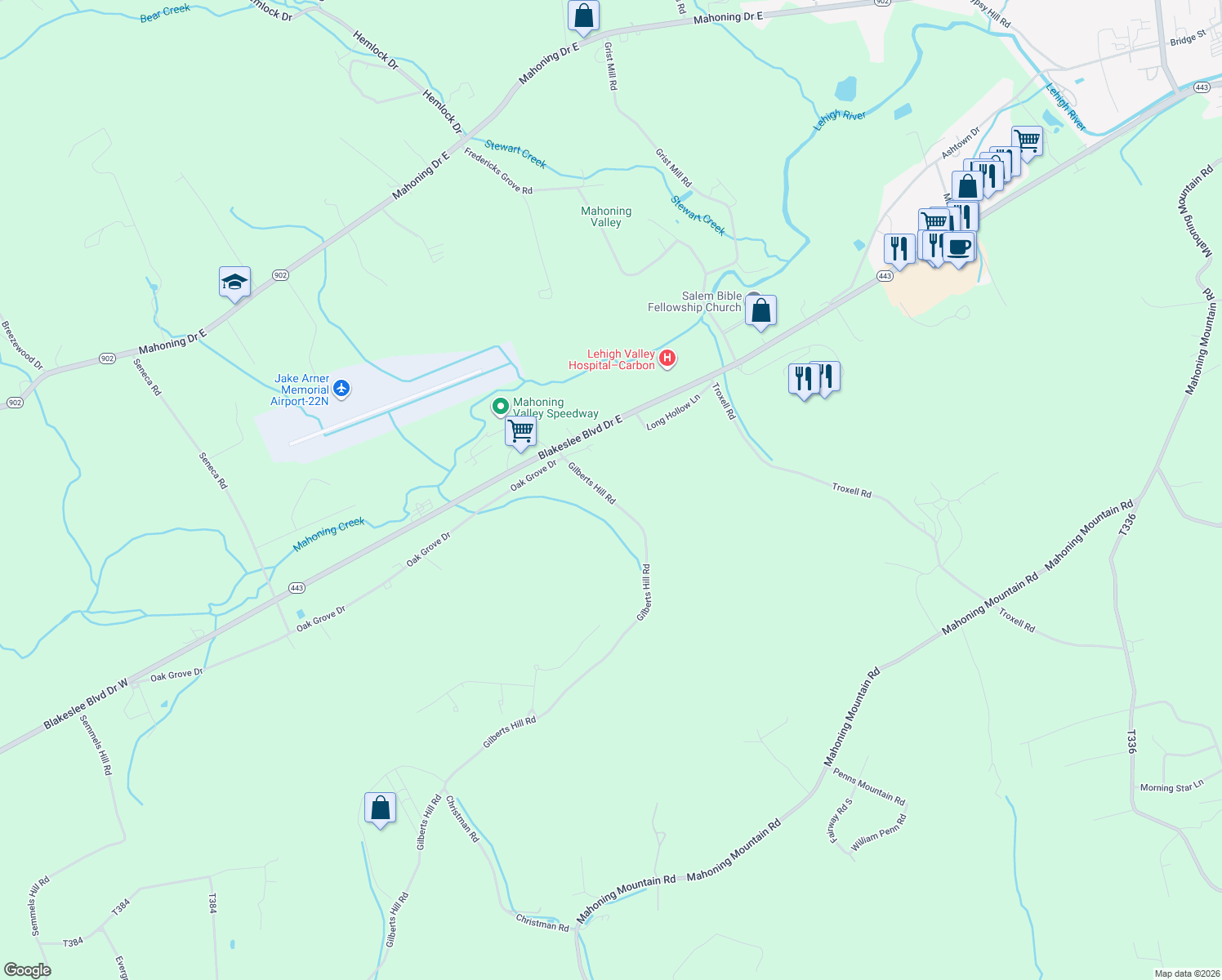 map of restaurants, bars, coffee shops, grocery stores, and more near 191 Gilberts Hill Rd in Lehighton