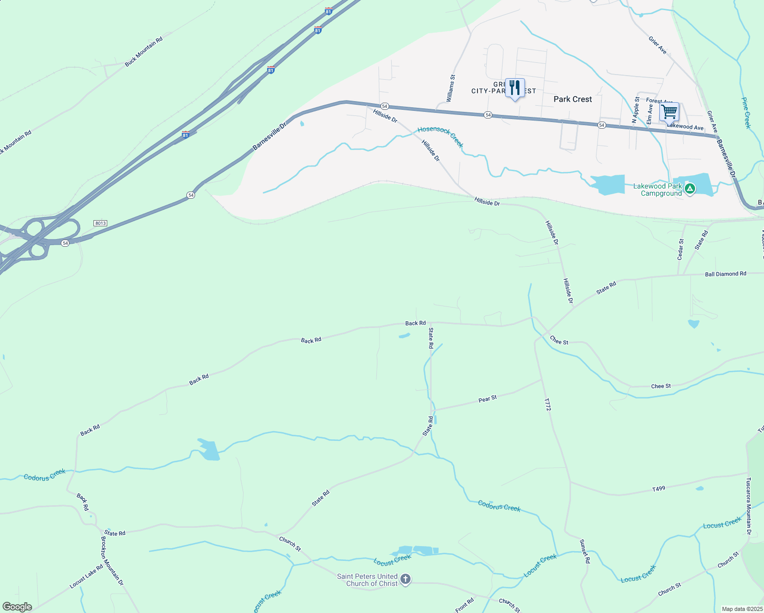 map of restaurants, bars, coffee shops, grocery stores, and more near 389 Back Road in Schuylkill County