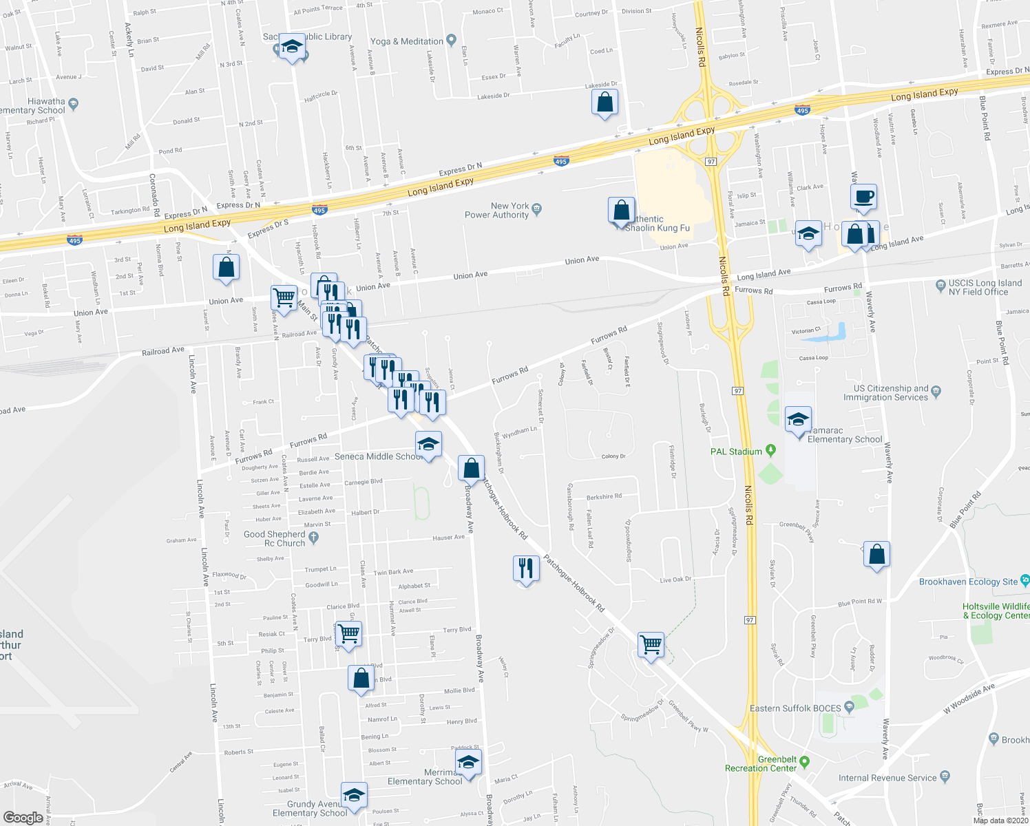 map of restaurants, bars, coffee shops, grocery stores, and more near 59 Buckingham Drive in Holbrook