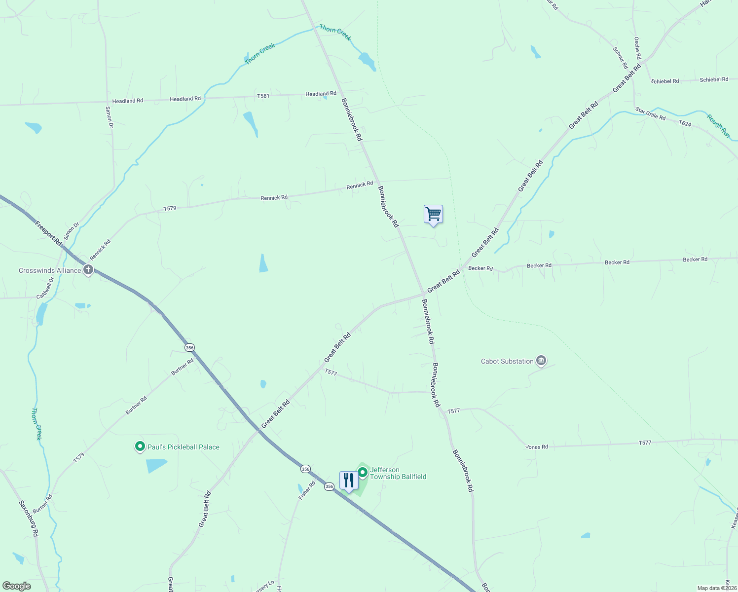 map of restaurants, bars, coffee shops, grocery stores, and more near 489 Great Belt Road in Butler
