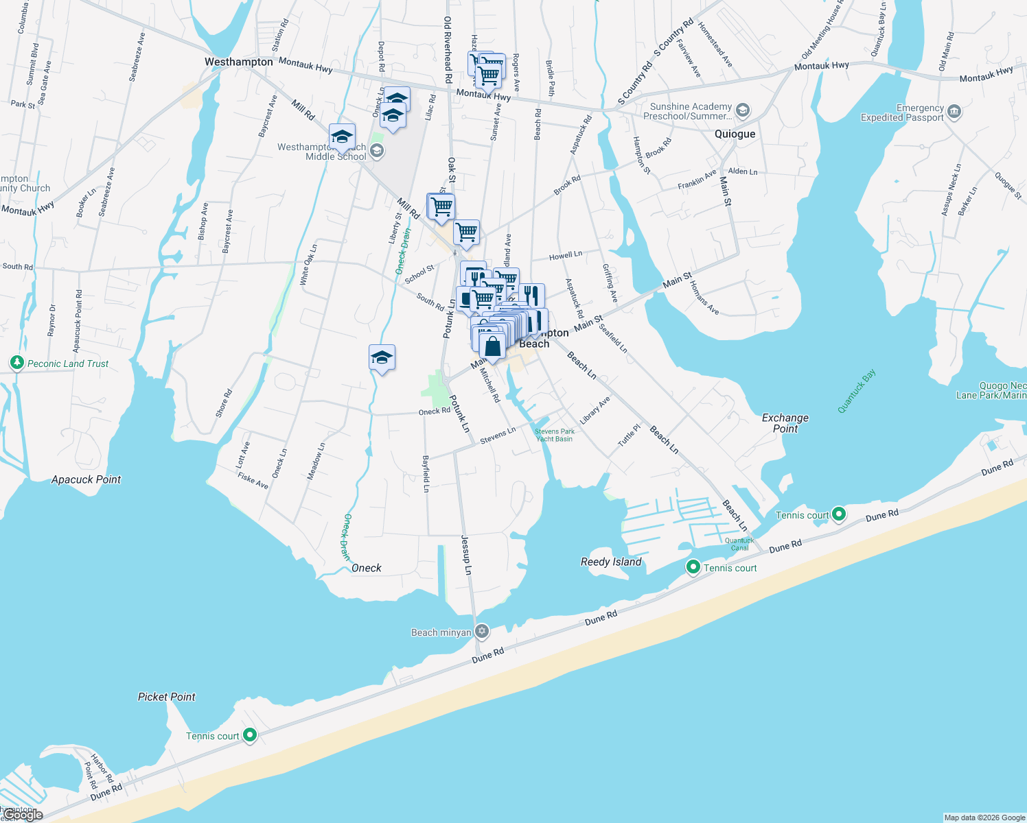 map of restaurants, bars, coffee shops, grocery stores, and more near 3029 Mitchell Road in Westhampton Beach