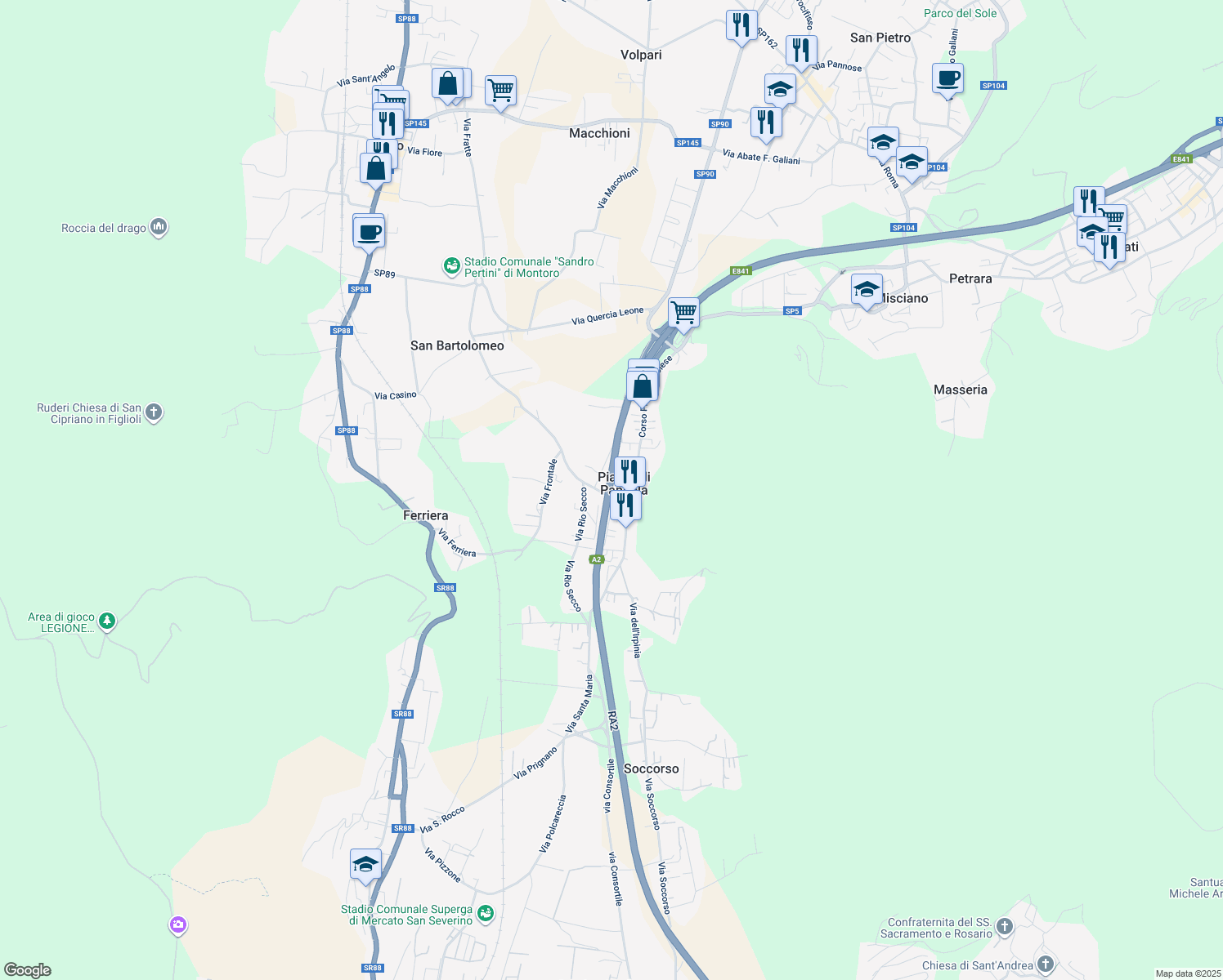 map of restaurants, bars, coffee shops, grocery stores, and more near 232 Corso Pietro Ascolese in Piazza di Pandola
