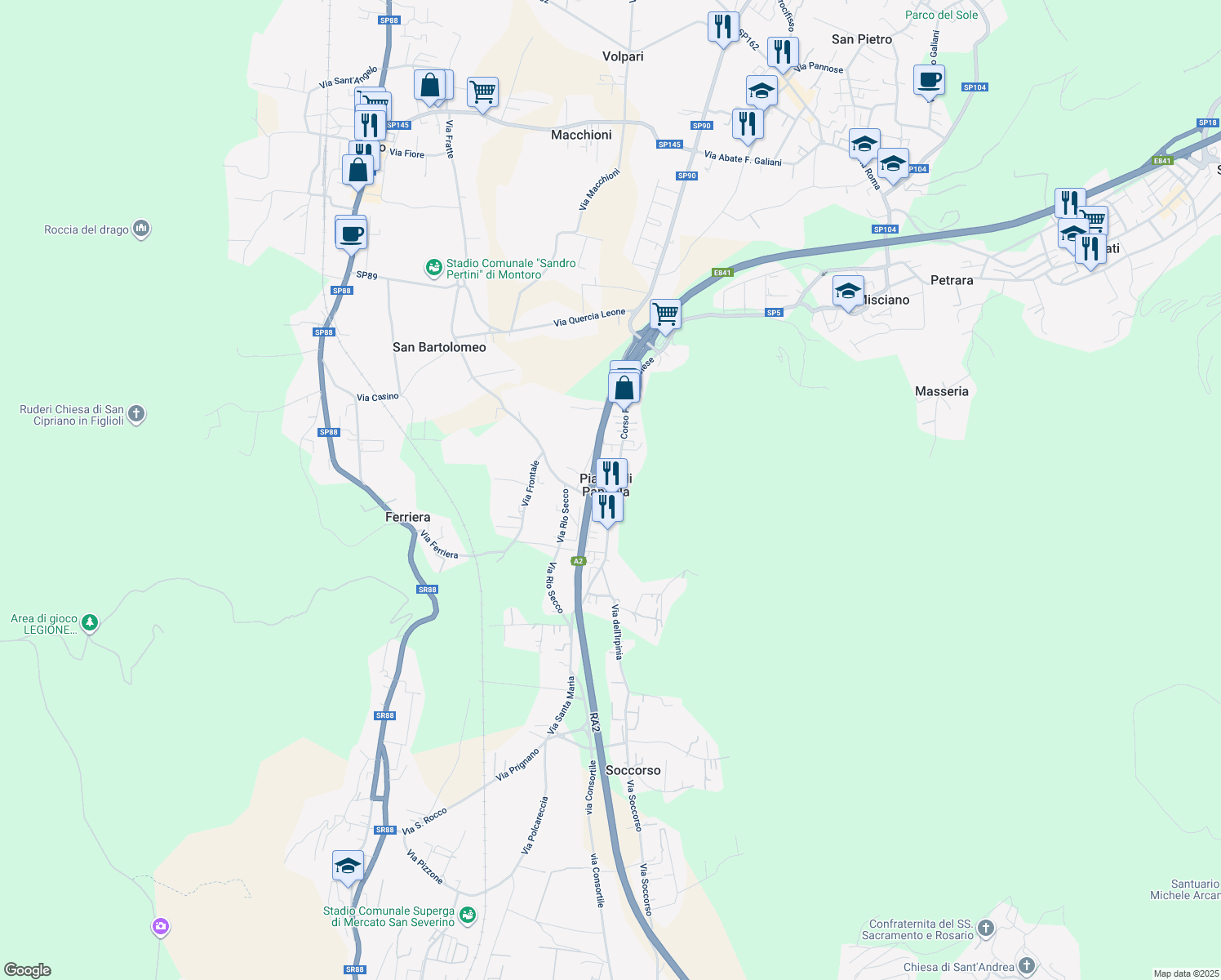 map of restaurants, bars, coffee shops, grocery stores, and more near 232 Corso Pietro Ascolese in Piazza di Pandola