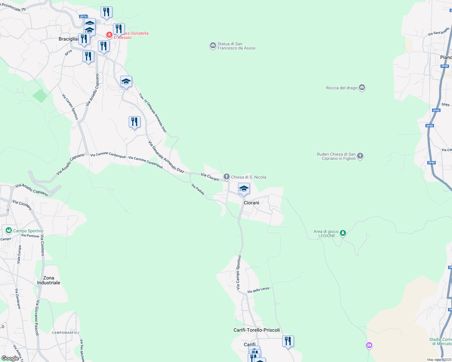 map of restaurants, bars, coffee shops, grocery stores, and more near 77 Via Ciorani in Ciorani