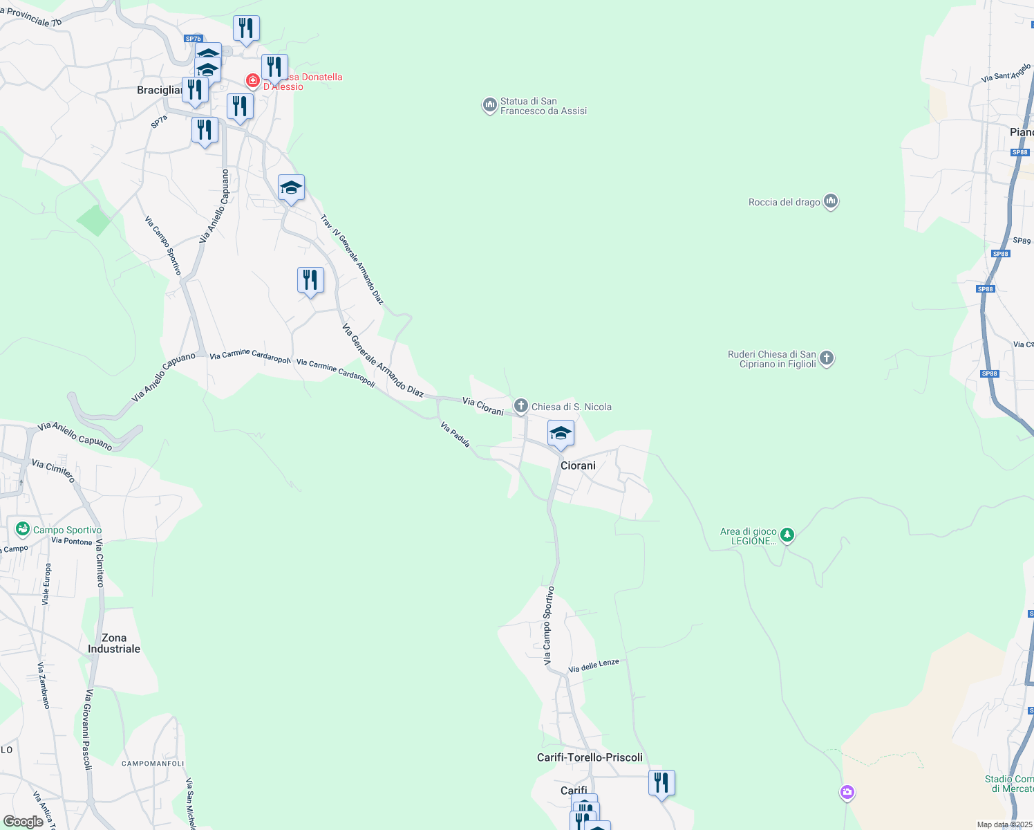 map of restaurants, bars, coffee shops, grocery stores, and more near 77 Via Ciorani in Ciorani